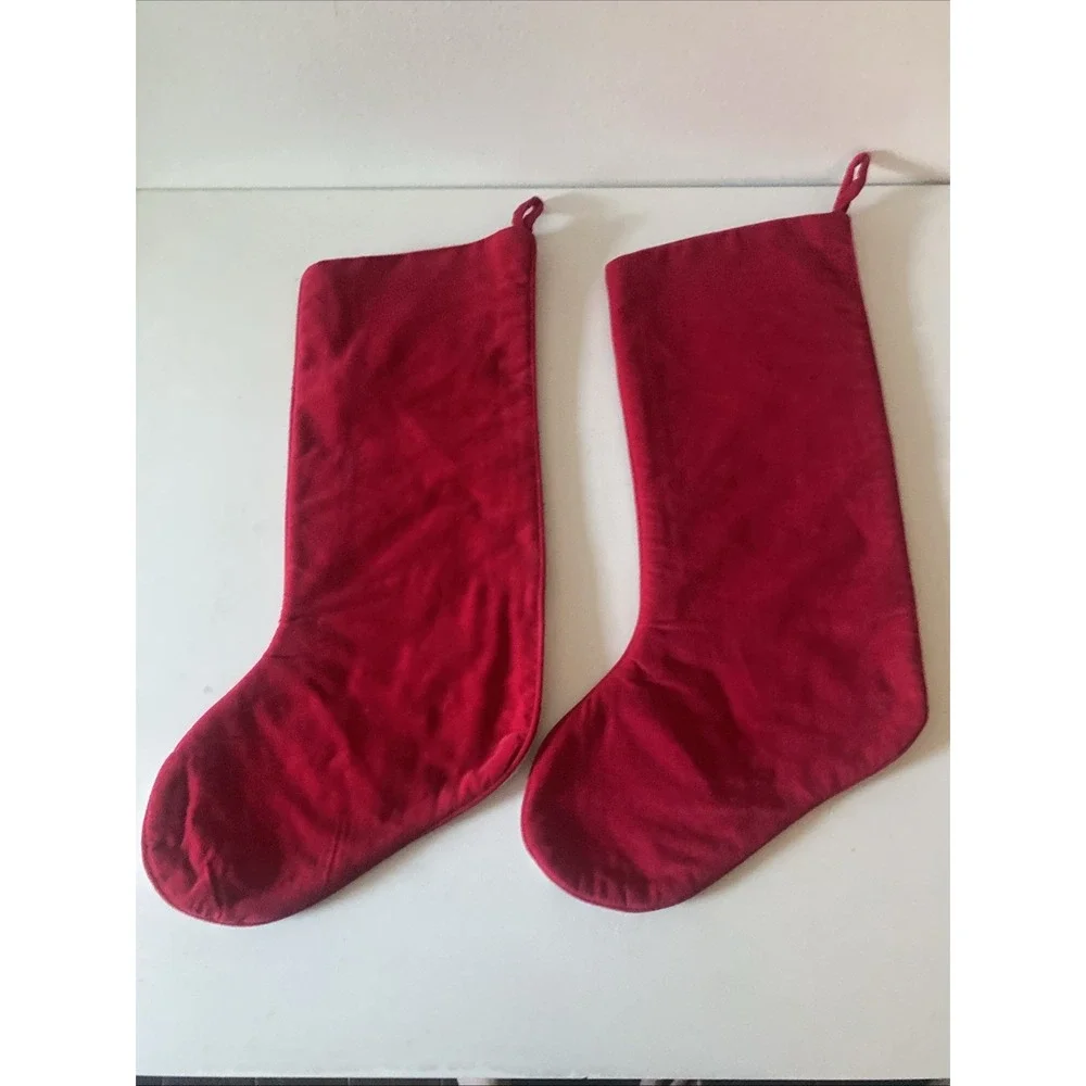 Christmas Snowman Lot of 2 Stockings Wool Needlepoint By Hand Red Velvet